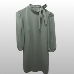 CALVIN KLEIN Spring Green Tie Mock Neck Chiffon Sheer Sleeve Sheath Dress